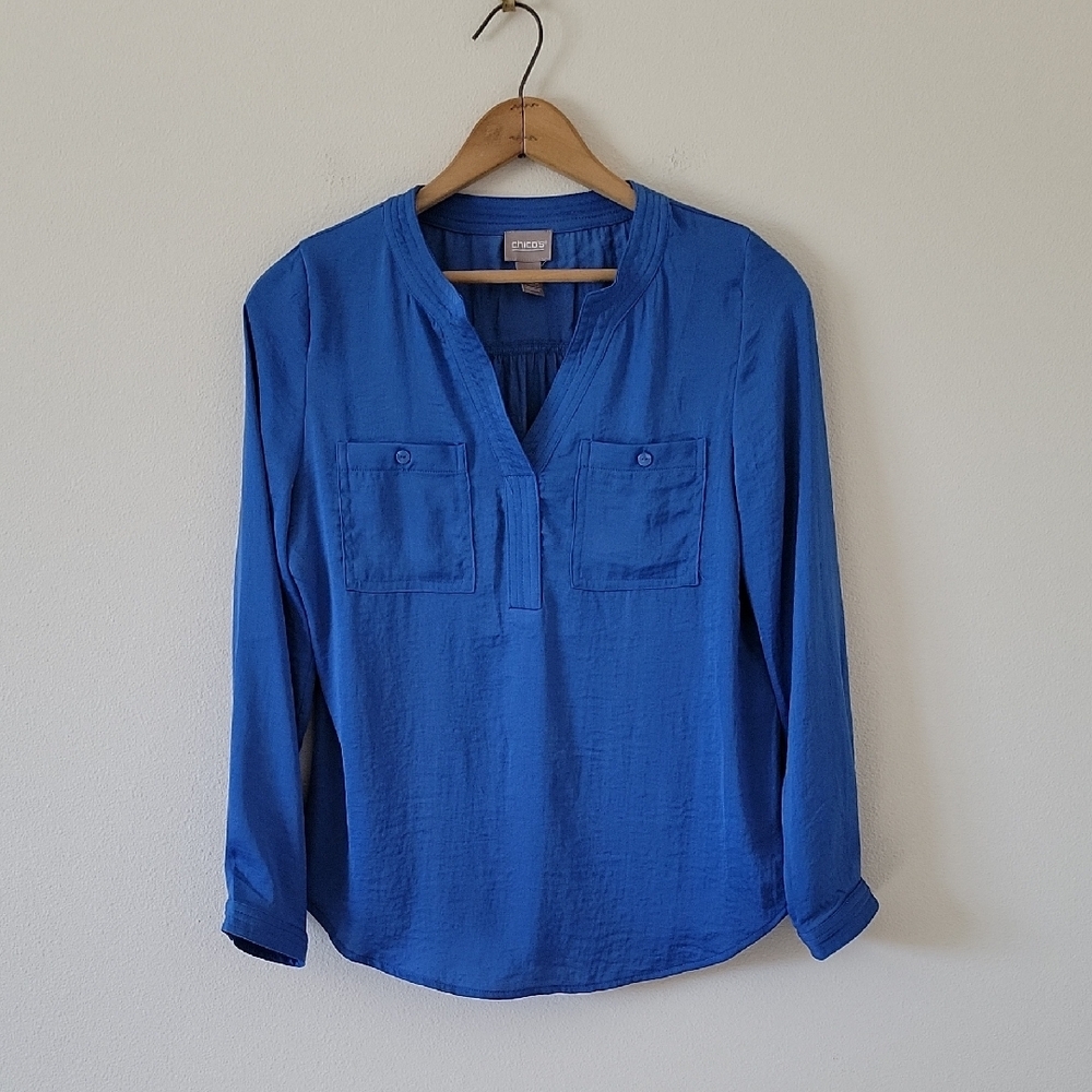 Chico's Blue Silky Split Neck 3/4 Sleeve Popover Size Small